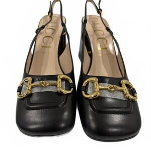 Gucci Black Leather Slingback Heels with Gold Buckle Detail Euro 41.5 US 11.5